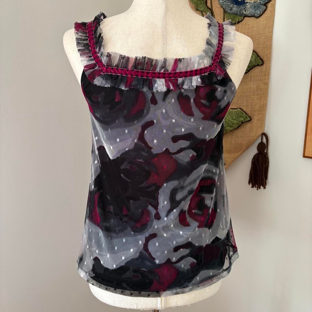 Express Y2K Ruffled Mesh Tank Top Black Purple Floral Square Neck XS